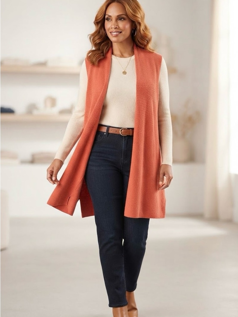 Cyrus Coral Open-Front Long Vest size